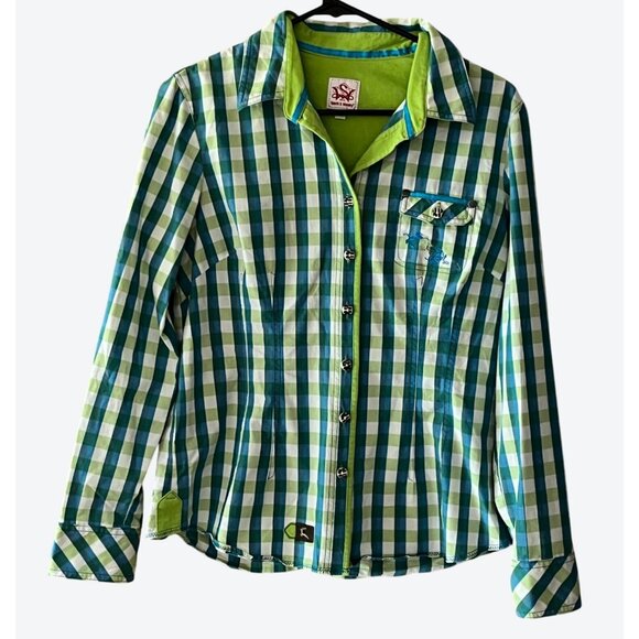 Spieth & Wensky Women's Size 42 Teal Lime Green White Plaid V-Neck Shirt - Picture 1 of 6